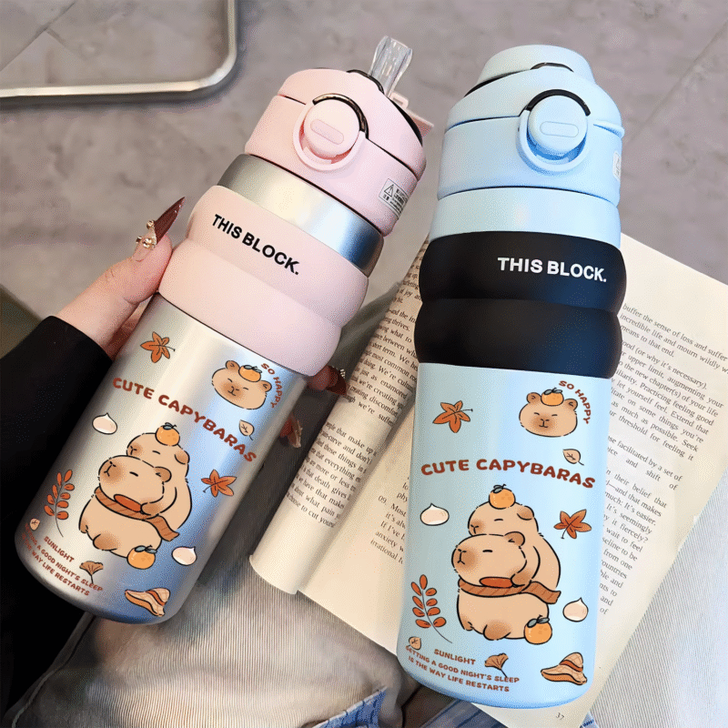 Capybara School Mug with 316 Food Grade Stainless Steel Water Bottle and Adorable Children's Insulation Cup with Big Belly Straw