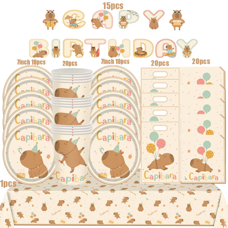 Сolored in food-grade paper, the tableware holders including the napkins, plates, along with the cups disposable after the fun napkin and plate capybara themed decorations,