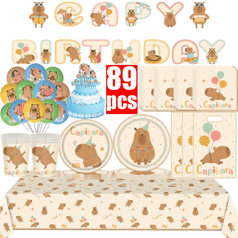 Сolored in food-grade paper, the tableware holders including the napkins, plates, along with the cups disposable after the fun napkin and plate capybara themed decorations, - Image 4