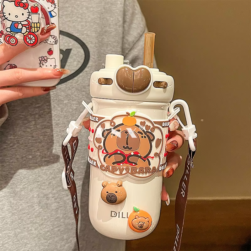 Cartoon Cute Outdoor Sports 520ML Capybara Cup Travel Portable Drinking Cup Stainless Steel Vacuum Leak Proof Coffee Thermos Mug