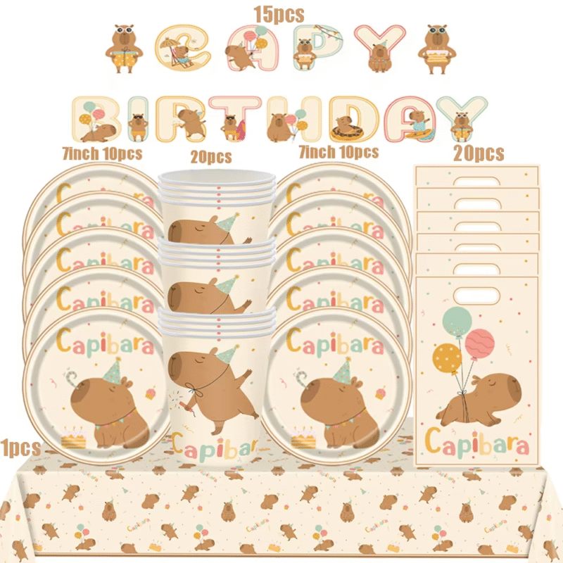 Сolored in food-grade paper, the tableware holders including the napkins, plates, along with the cups disposable after the fun napkin and plate capybara themed decorations, - Image 2