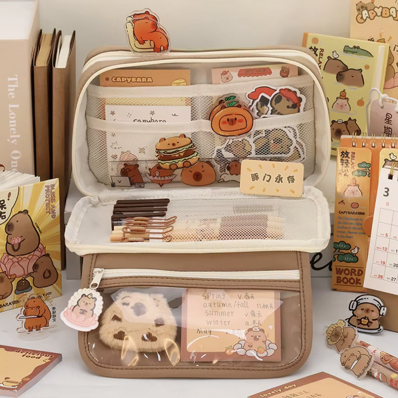 This versatile,capybara large-capacity pencil case can reside in desks, backpacks, and classrooms - Image 2