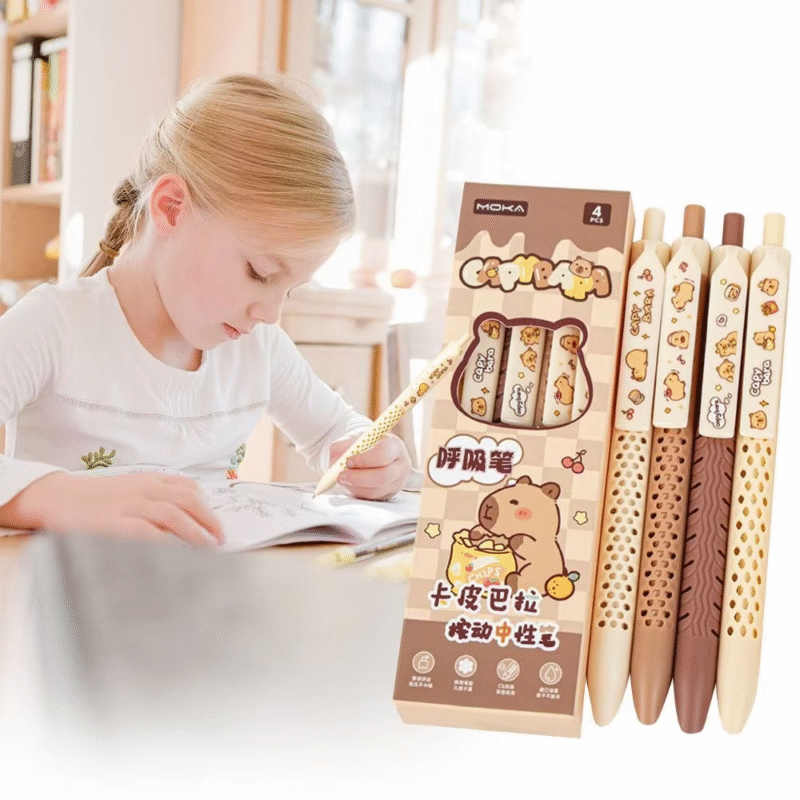 A set of four (4) cartoon capybara gel pens that are charming, and write with ease, are very quick drying, and their ink is black. - Image 4