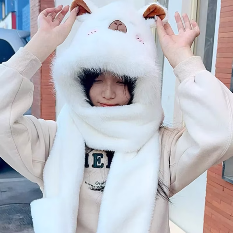Faux Rabbit Hair Capybara Hat Scarf Gloves Set Cartoon Soft 3-in-1 Hat Warmer Ear +h Hooded Scarf Girls - Image 3
