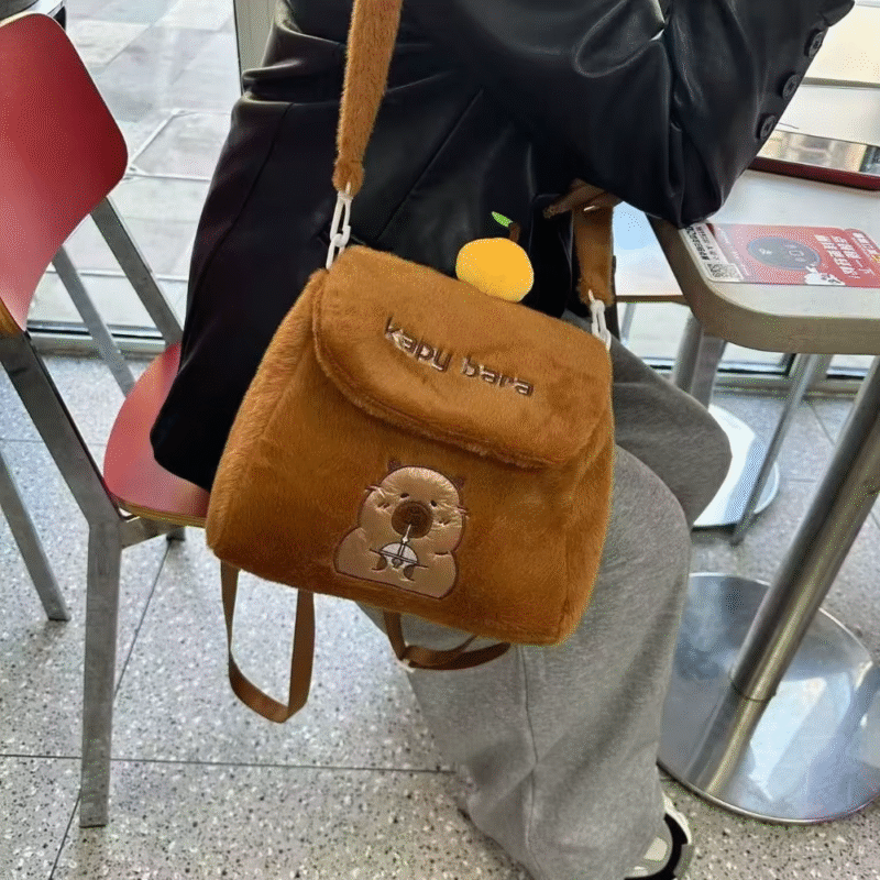 Fluffy-ins Capibala Anime Shoulder Bag, Orange Capybara Plush Backpack with Stuffed Large Capacity Shoulders for Two Uses