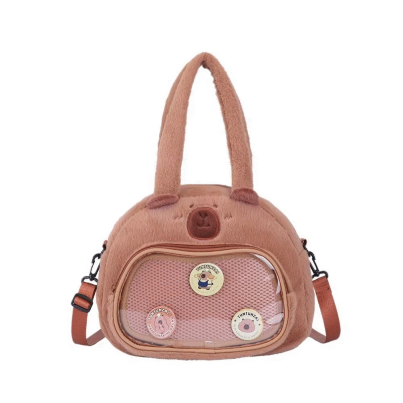 Stylish Cotton Cartoon Capybara Handbag with Plush Shoulder Bag and Large Zippered Compartment - Image 2
