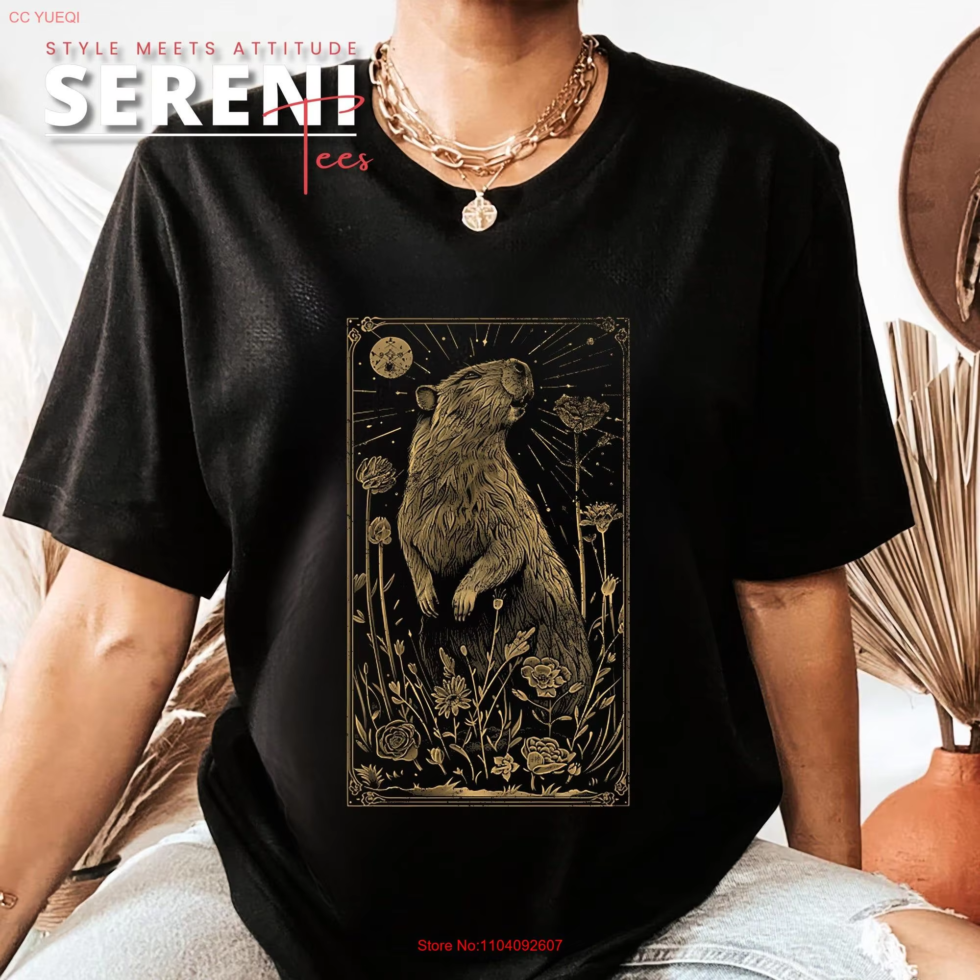Now you can don your whimsical and mystical side with our Long or Short Sleeves Capybara Shirt – Floral Moon Celestial Tarot Card T with delicate Pressed Flower Hibiscus Design