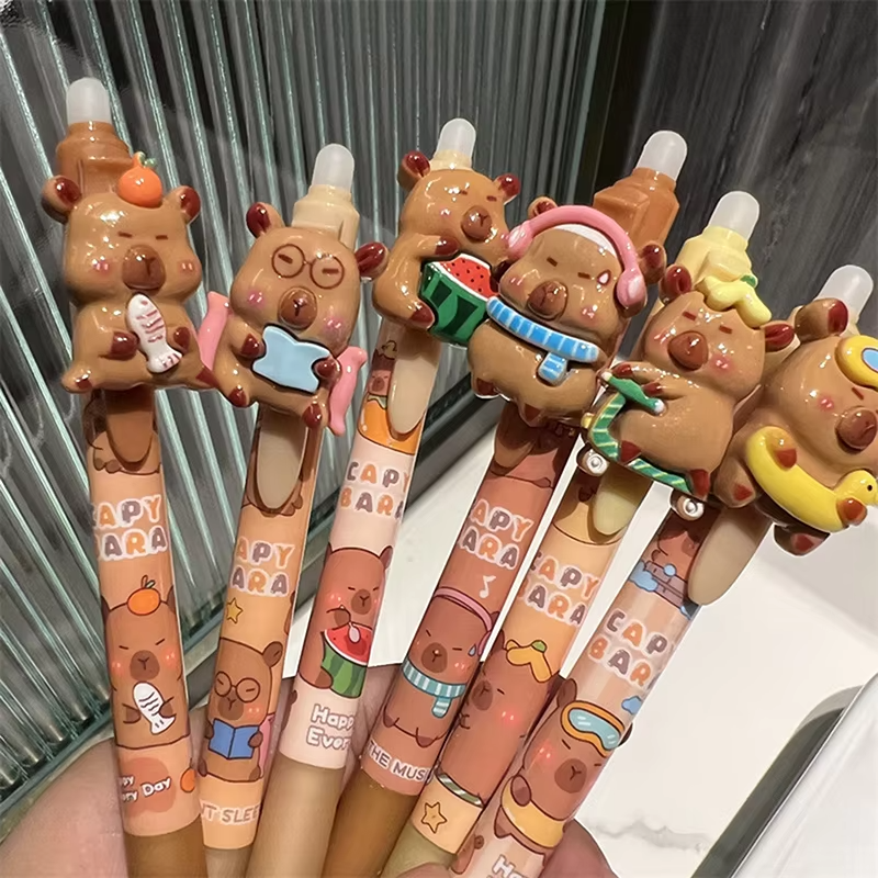 6PCS Capybara Erasable Press Pen Kawaii Resin Gel Pens Student Stationery Cute Ballpoint Pen School Supplies Office Accessories