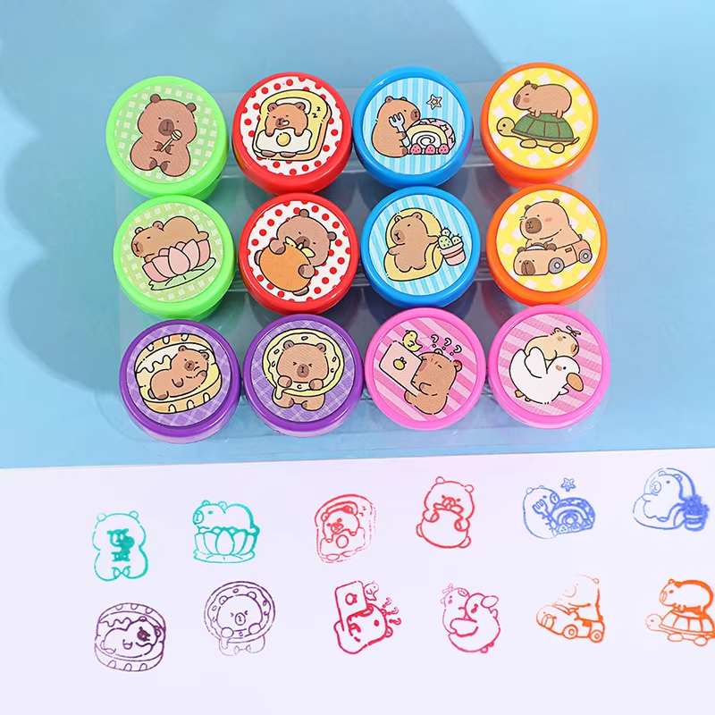 12 pieces/set of self-ink cartoon kawaii capybara stamps Adorable Children's DIY Painting Photo Album Stamp Award Gifts for Kids' Graffiti Toys