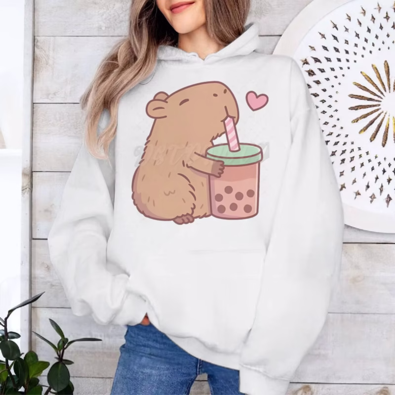 Women’s Harajuku Fashion Hoodie with Capybara Sweatshirt Classic Tops Kawaii Boba Lover Casual Hoodie with Adorable Capybara Sipping Bubble Tea - Image 4