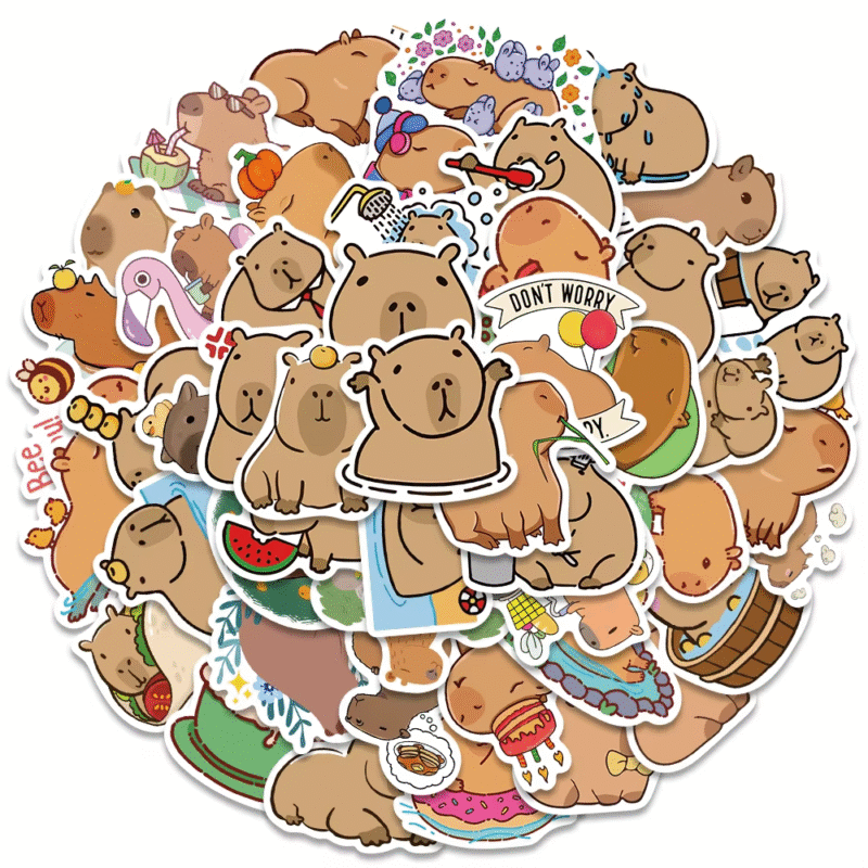 Turn heads and inspire creativity as your kids flaunt these 50 or 100 stickers of cartoon capybaras and other cute brown critters