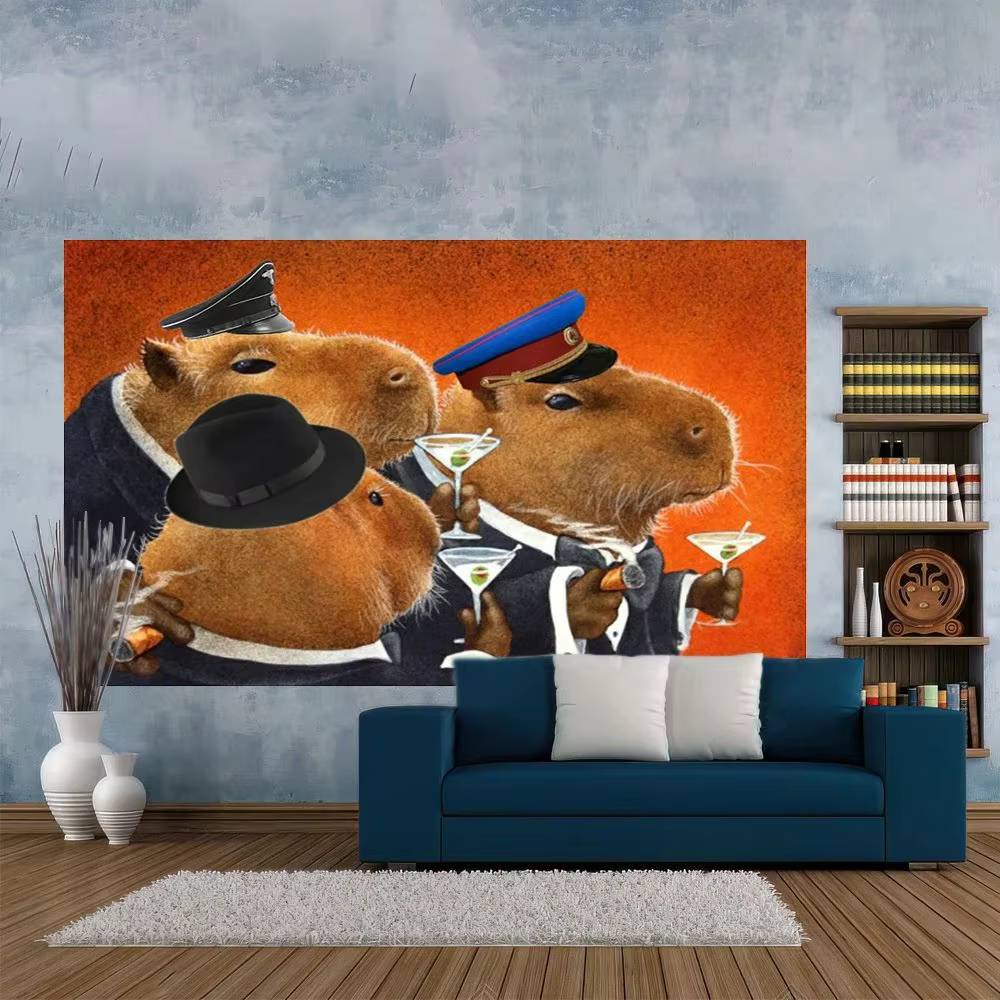 Capybara Club Tapestry Adorable Guinea Pig Animal Wall Hanging for Children’s Room, Bedroom, Dorm, or Fun Photo Background