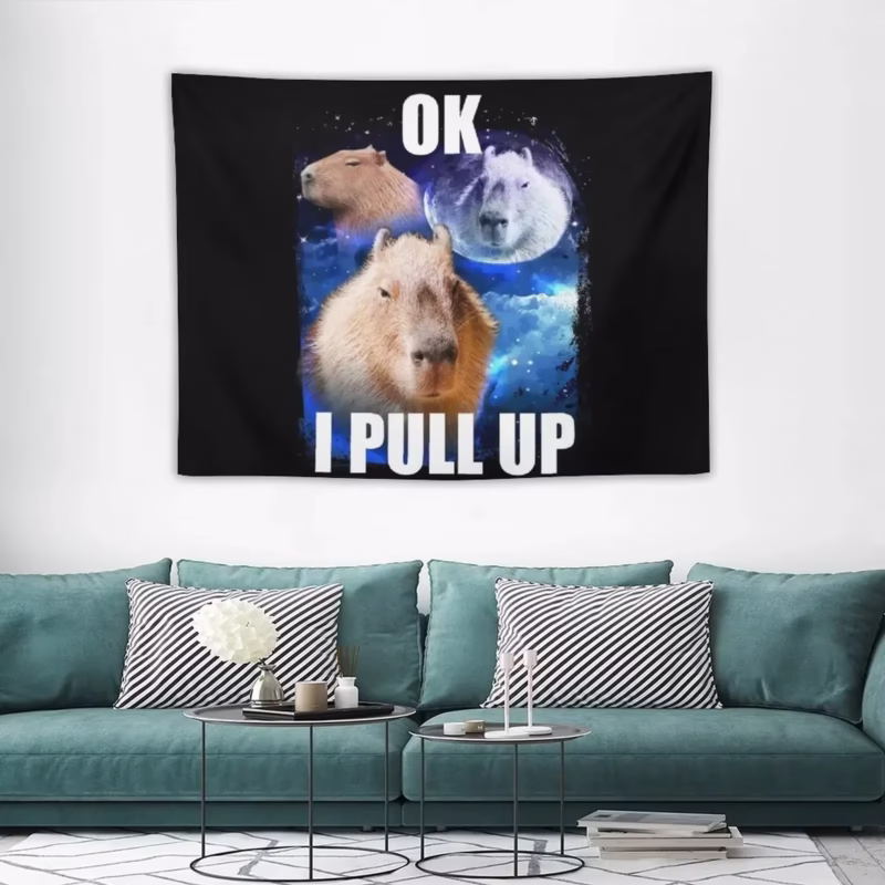 On the wall, the meme tapestry capybara, as well as on the floor and carpet and the room decorator tapestry, shows the versatility.