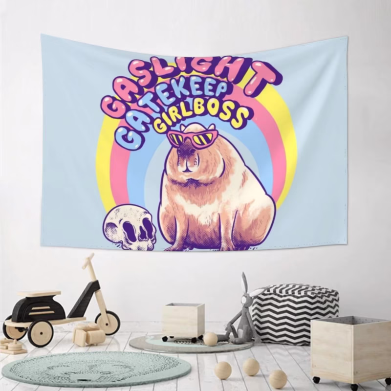 Anyhow, let me start with the pet tapestry. Capybara Gaslight Gatekeep Girlboss Karen Sunglasses memes Christmas Capy My Spirit Animal