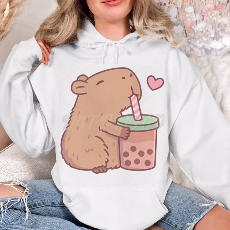 Women’s Harajuku Fashion Hoodie with Capybara Sweatshirt Classic Tops Kawaii Boba Lover Casual Hoodie with Adorable Capybara Sipping Bubble Tea