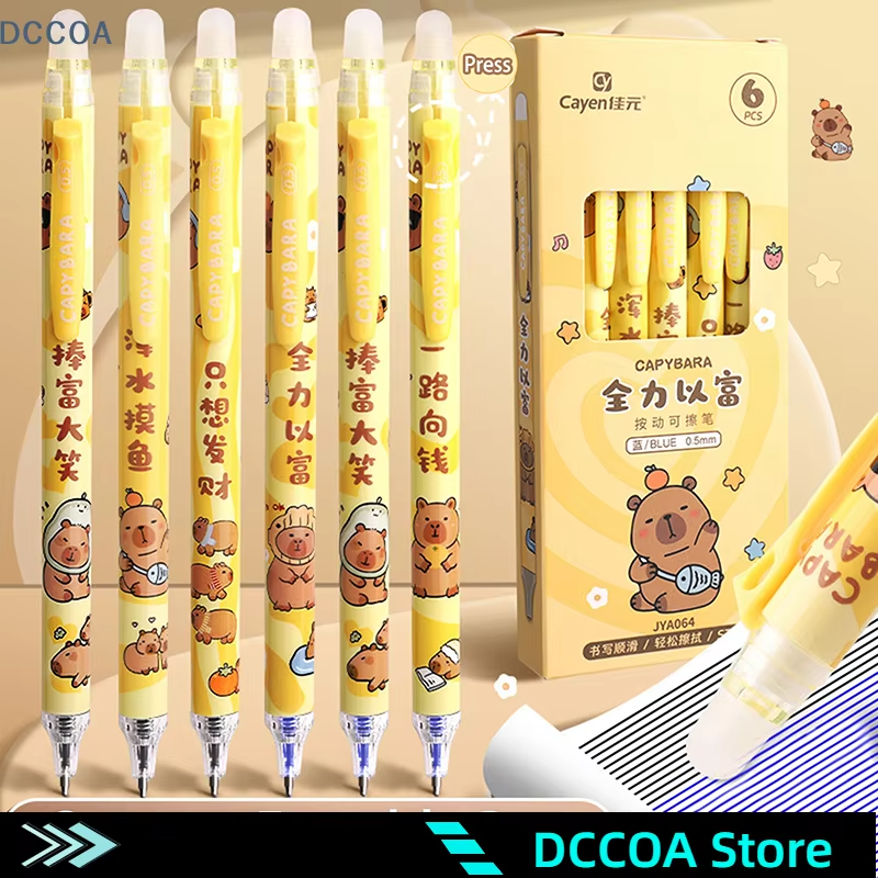 Pack of Kawaii Stationery for School and Office Use with 6 Eraasable Pens featuring A Cute Panda and Capybara Design