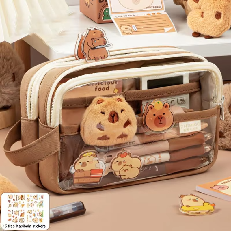Pencil Case Made of Clear Plastic with Adorable Capybara Plush and Pins Multi-layer Stationary Pencil Pouch with High Capacity and Beauty