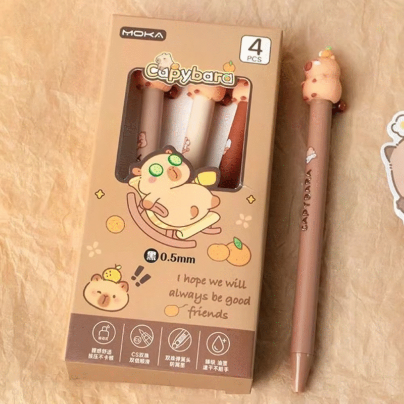 Exquisite assortment of Four Capybara Gel Pens with a Pretty Box, a Press Gel Pen with a Cute Capyara Doll and a Panda Neutral Writing Pen, 0.5mm School Office.