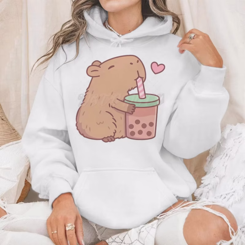 Women’s Harajuku Fashion Hoodie with Capybara Sweatshirt Classic Tops Kawaii Boba Lover Casual Hoodie with Adorable Capybara Sipping Bubble Tea - Image 2