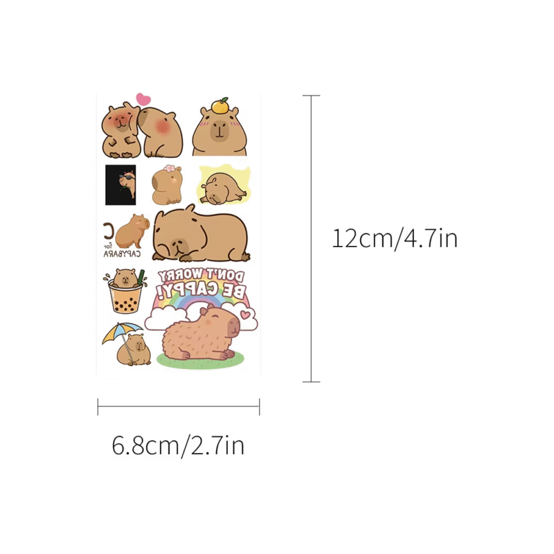 Ten sheets of waterproof kids' temporary face and body tattoo stickers featuring charming capybara designs - Image 4