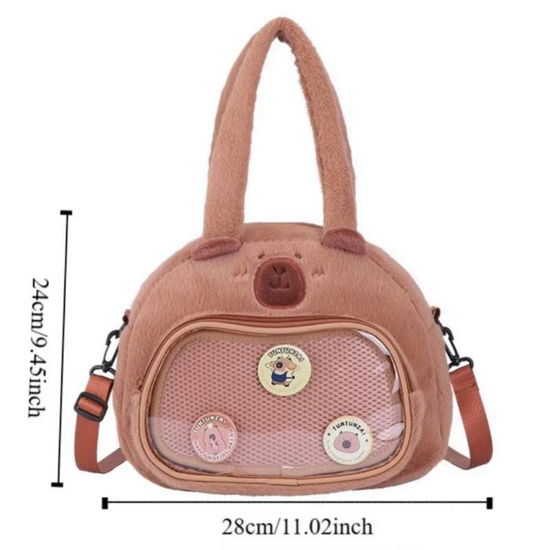 Stylish Cotton Cartoon Capybara Handbag with Plush Shoulder Bag and Large Zippered Compartment - Image 4