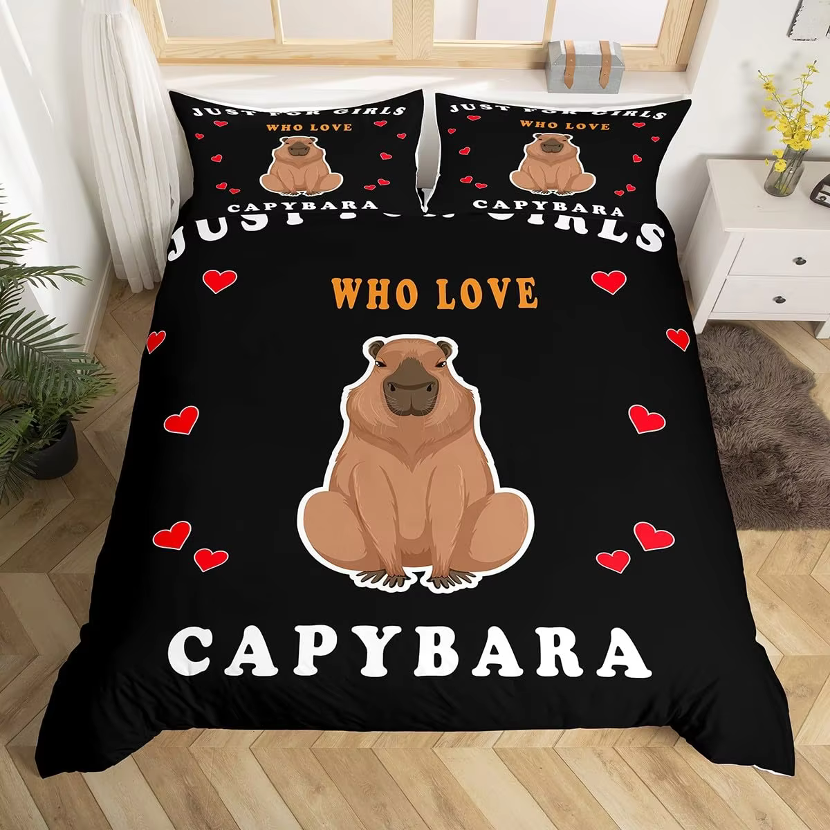 Red Love Heart Print Duvet Cover, Cartoon Animals Bed Set, Complete Kawaii Honey Bee Comforter Cover, Adorable Capybara Print Bedding Sets - Image 3