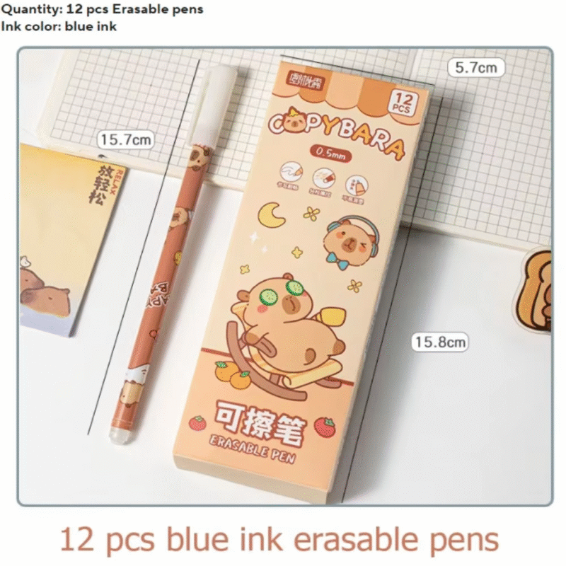 Aesthetic Student Gel Pen Writing Supply, 12 Pieces, Cute Capybara Erasable Pen, Kawaii Blue Ink Panda Erasable Pen, 0.5mm - Image 4