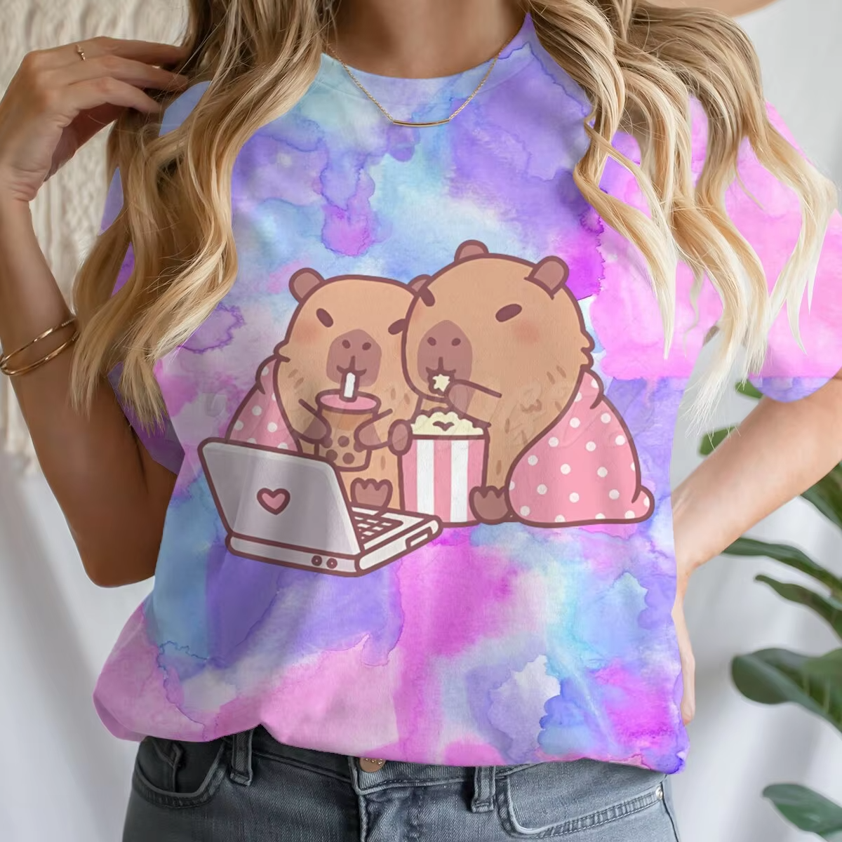Women’s Fashionable Capybara Bubble Tea Boba Graphic T-Shirts Kawaii Cartoon Tie-dye Adorable Clothes For Animal Lovers Capybara T-Shirt Design - Image 6