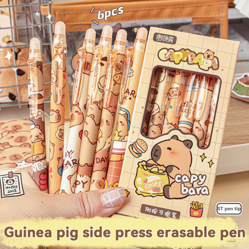 Office stationery gifts made especially for students would be the set of six reusable ink gel pens designed on a capybara theme.
