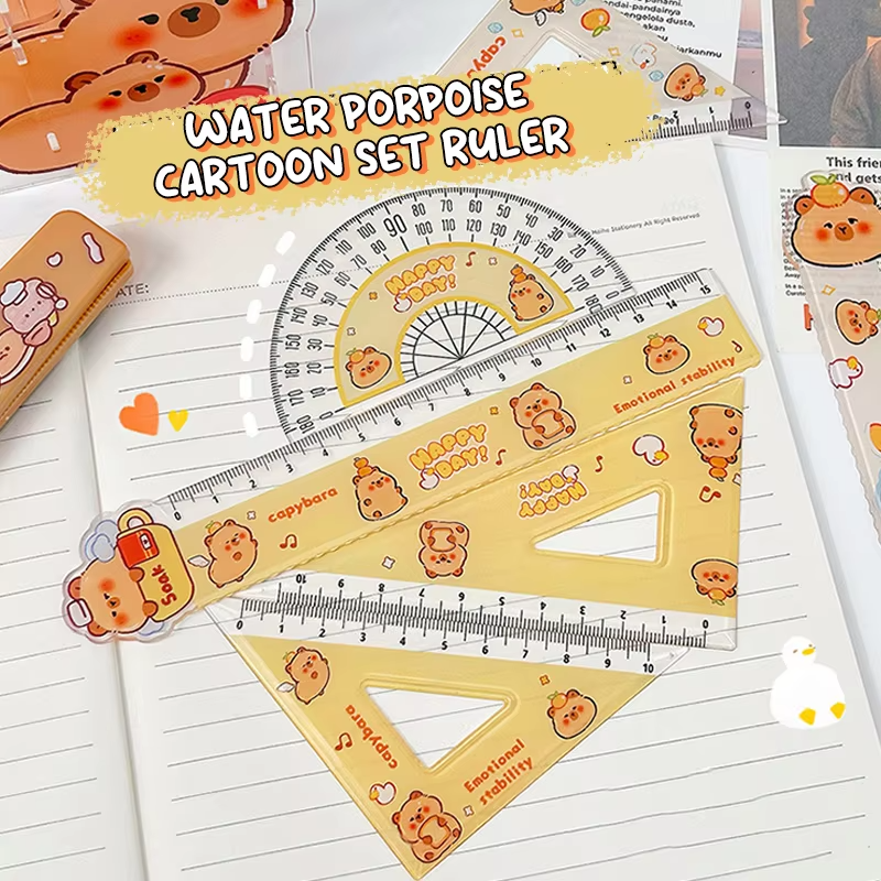 Cartoon designed plastic capybara rulers set with a straightedge and a translucent protractor which is clear, easy-to-read, and extremely portable. Both school and office friendly. - Image 4