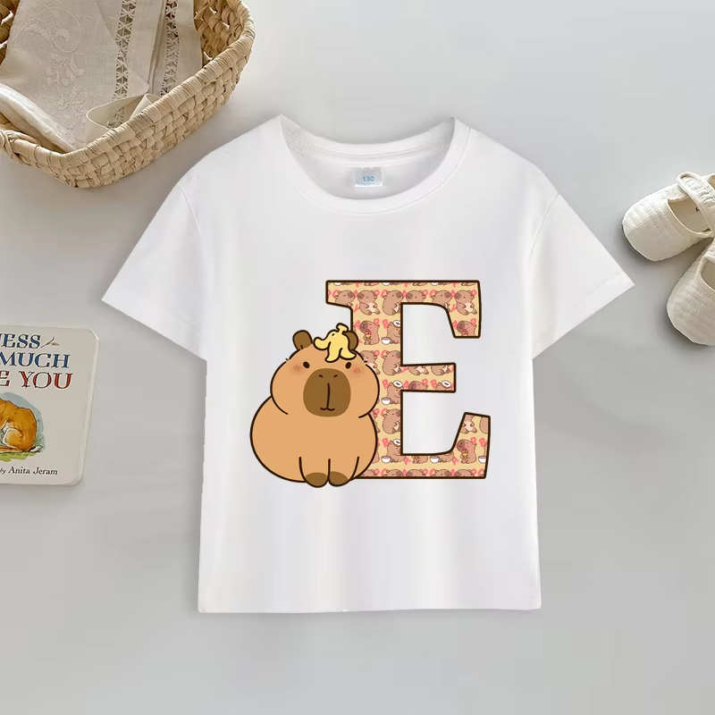 Adorable Cartoon Anime Capybara T-shirt for Boys and Girls – A–Z Letter Print Tops