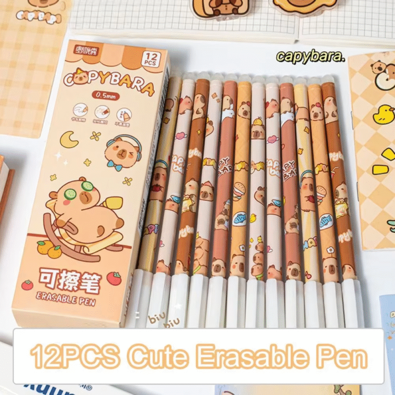 Aesthetic Student Gel Pen Writing Supply, 12 Pieces, Cute Capybara Erasable Pen, Kawaii Blue Ink Panda Erasable Pen, 0.5mm - Image 3