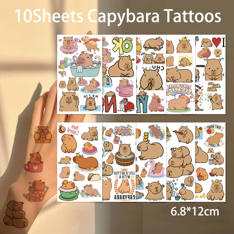 Ten sheets of waterproof kids' temporary face and body tattoo stickers featuring charming capybara designs