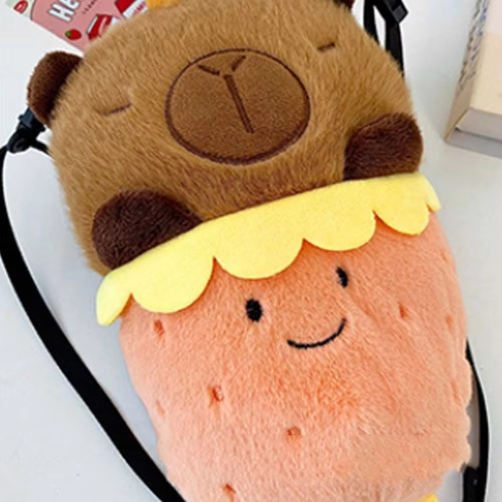 Zippered Capybara Crossbody Bag (Radish Plush Capybara) Stuffed Cartoon Animal Bucket Bag for School - Image 4