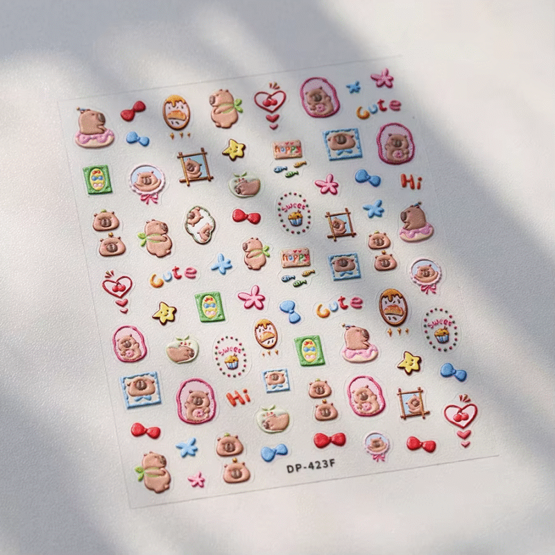 Adorable capybara cartoon doodle blush 5d soft embossed relieves self-adhesive nail art stickers, cute hamster 3d manicure decals wholesale.