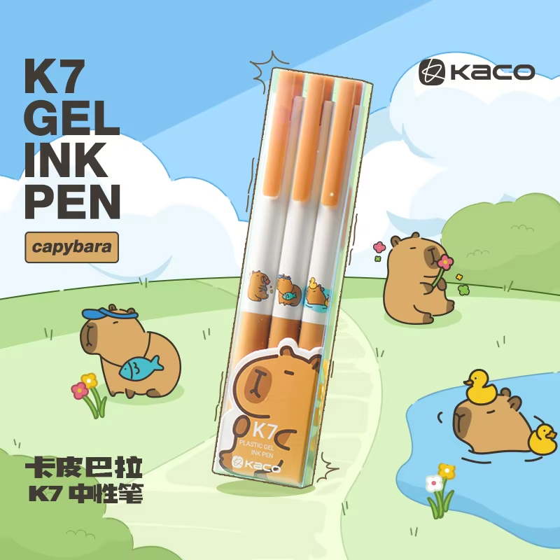 Exam Novels: Three K7 Gel Ink Pens, Adorable Capybara High Value 0.5 Black Double-Ball Quick-Drying Brush Canetas