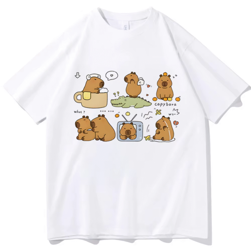 Breathable 80s Pop Culture Female Anime Capybara Graphic T-shirt, Classic 2000s Vintage Punk