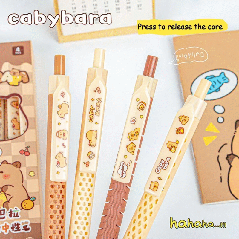 A set of four (4) cartoon capybara gel pens that are charming, and write with ease, are very quick drying, and their ink is black.