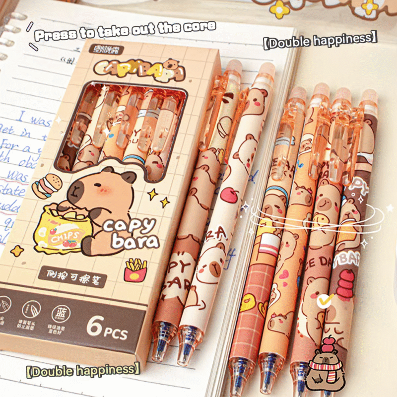 Office stationery gifts made especially for students would be the set of six reusable ink gel pens designed on a capybara theme. - Image 5