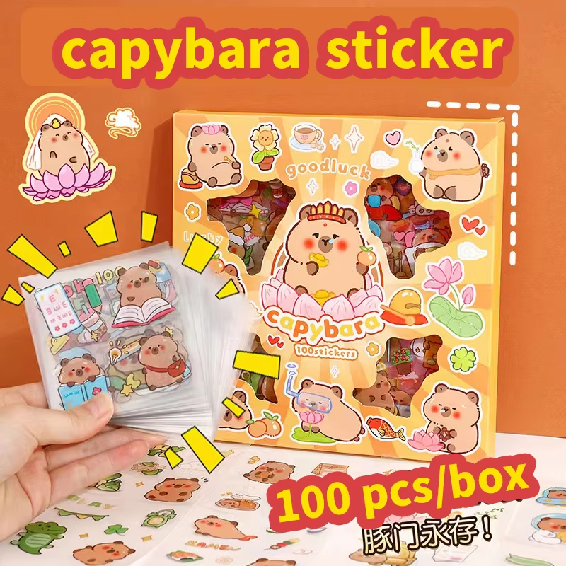 Scrapbooking and diary embellishment book stickers with Kawaii stationery journal and capybara themed school supplies.