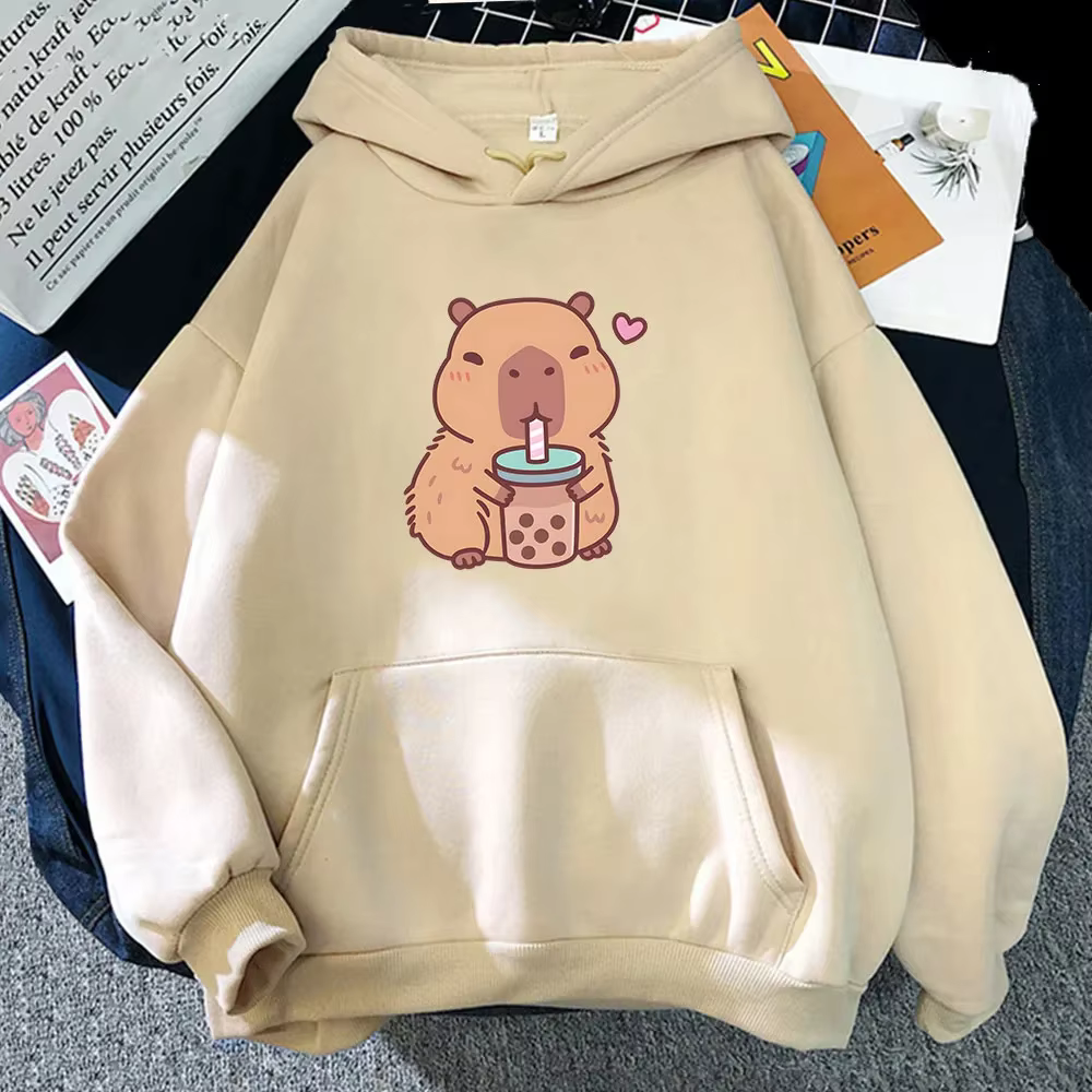 Sweatshirts Graphic Poster Capybara Loves Bubble Tea Long Sleeve Winter Fleece Pullovers Cartoon Women Men’s Graphic Poster Sweatshirts.