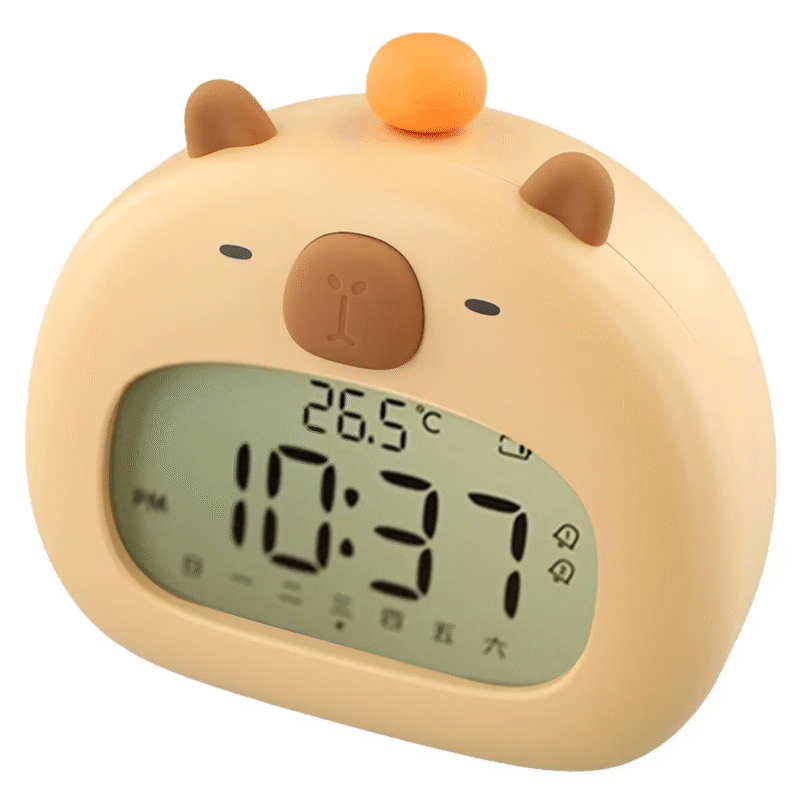 The Capybara Clock is a multifunctional device that combines a children’s alarm with a recharge-able LED night light