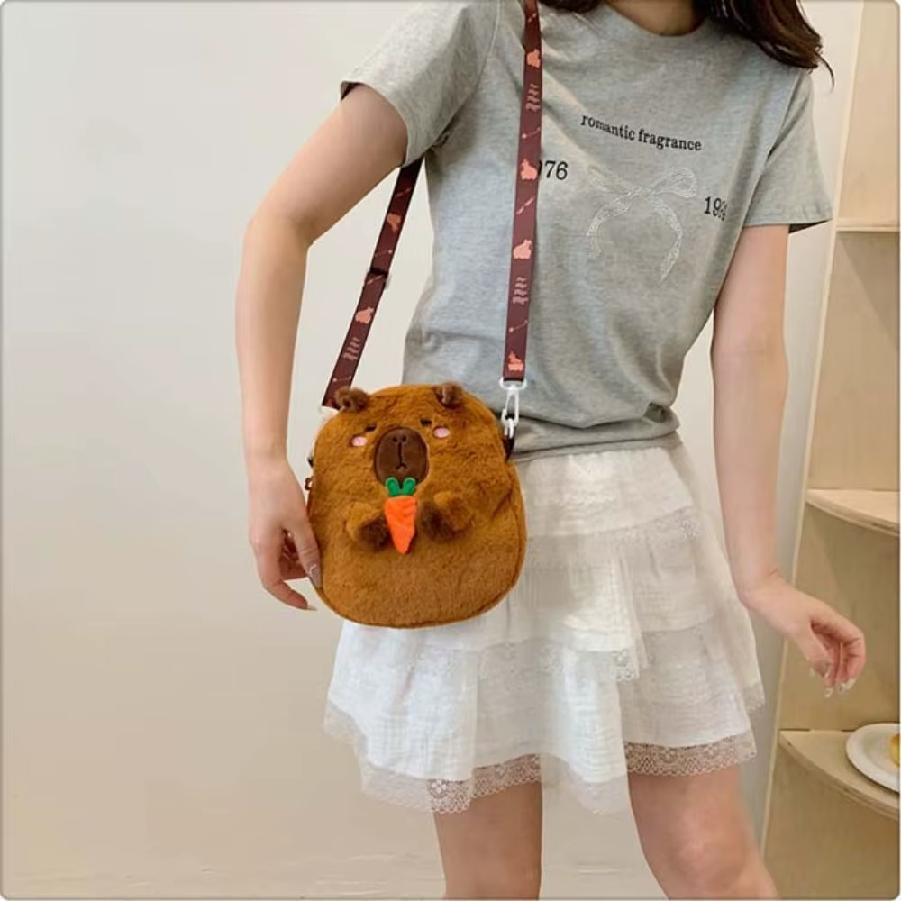 Fluffy-ins Anime Capibala Shoulder Bag with Orange Capybara Plush Backpack with Soft Large Capacity Shoulders for Two Use