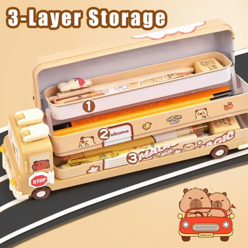 New Case for Capybara Pencil Back to School Gift: a Large Capacity Pen Bag with 3 Layer Bus Shaped Stationery Storage Box - Image 2