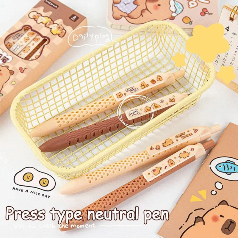 A set of four (4) cartoon capybara gel pens that are charming, and write with ease, are very quick drying, and their ink is black. - Image 3