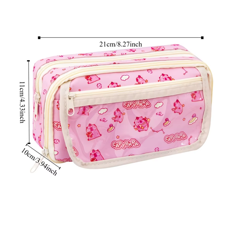Your custom design’s pencil case along with the cartoon pencil cases, multi-layered canvas badge board, capped capybara pen bag and large storage stationery case