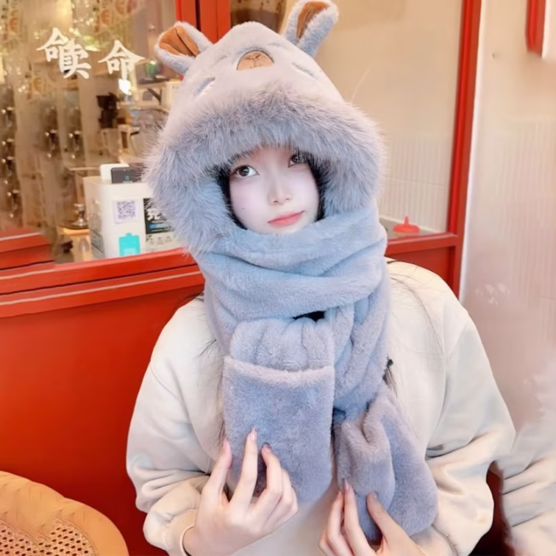 Faux Rabbit Hair Capybara Hat Scarf Gloves Set Cartoon Soft 3-in-1 Hat Warmer Ear +h Hooded Scarf Girls - Image 2