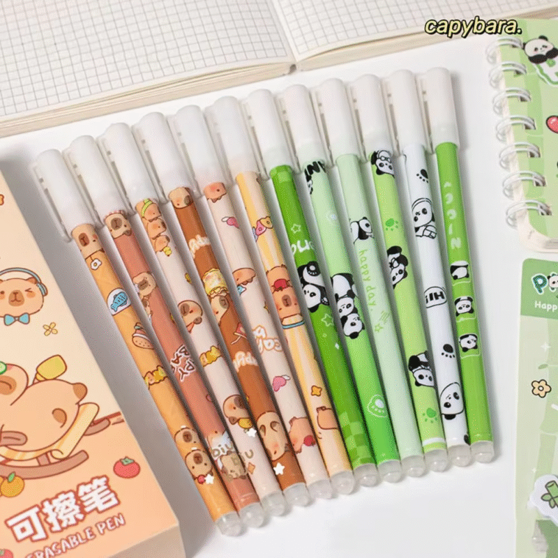 Aesthetic Student Gel Pen Writing Supply, 12 Pieces, Cute Capybara Erasable Pen, Kawaii Blue Ink Panda Erasable Pen, 0.5mm