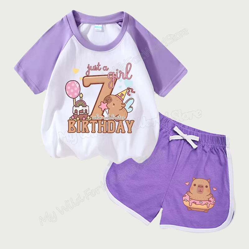 Capybara birthday girl outfits: 2 Pieces of Kids’ Short Sleeved Tees with Cappy Numbers. Adorable Toddler Clothes Set.