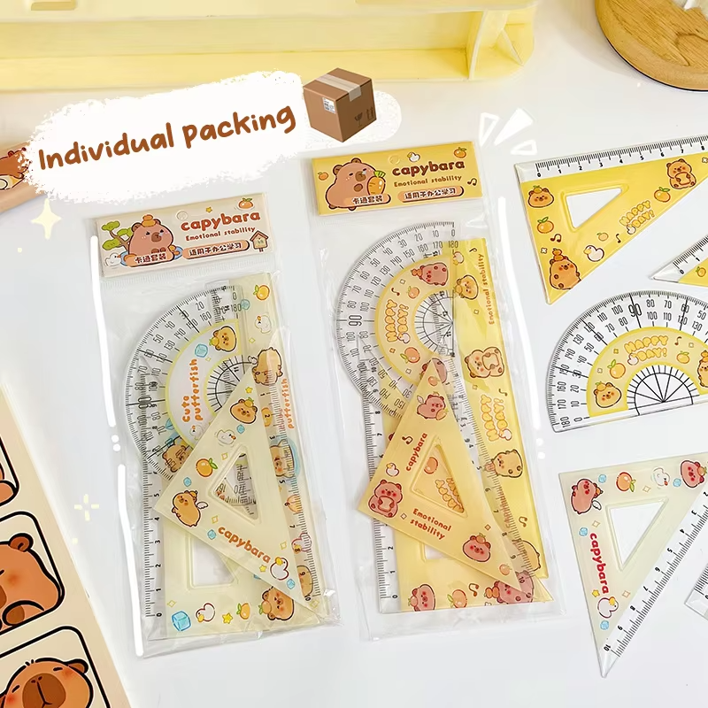 Cartoon designed plastic capybara rulers set with a straightedge and a translucent protractor which is clear, easy-to-read, and extremely portable. Both school and office friendly. - Image 5